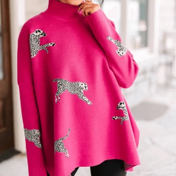 NWOT Entro Hot Pink Cheetah Leopard Oversized Tunic Style Sweater Size XL - Picture 1 of 6